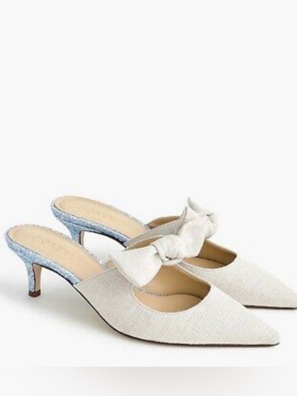 J. Crew Sophia Linen Pointed Toe Bow Mules Glitter kitten Heel